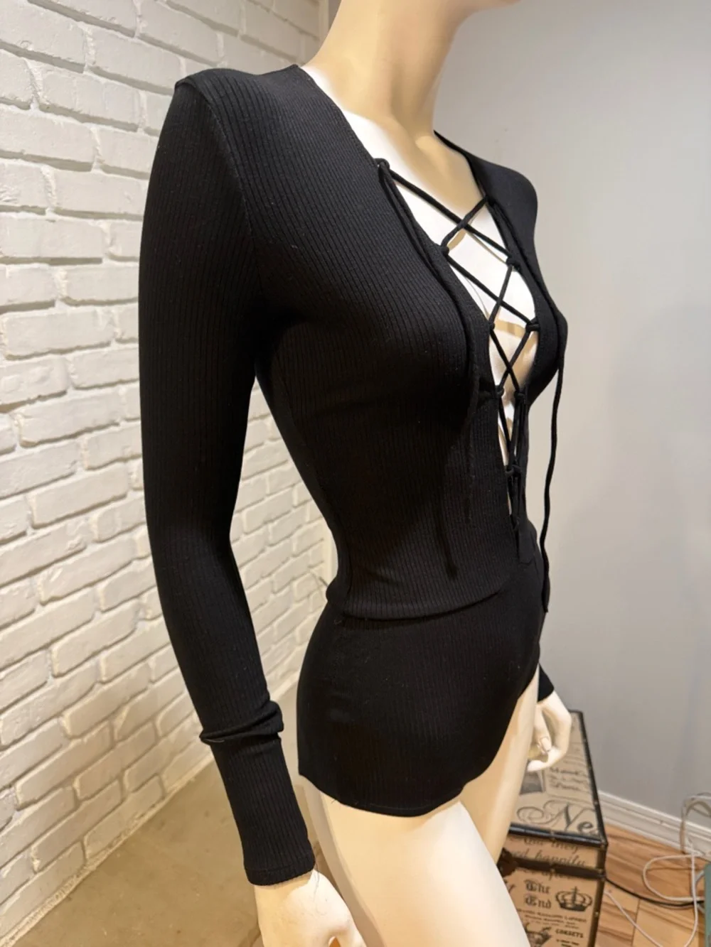 Reformation Black Lace-Up Bodysuit Tie Front Long Sleeve Size S